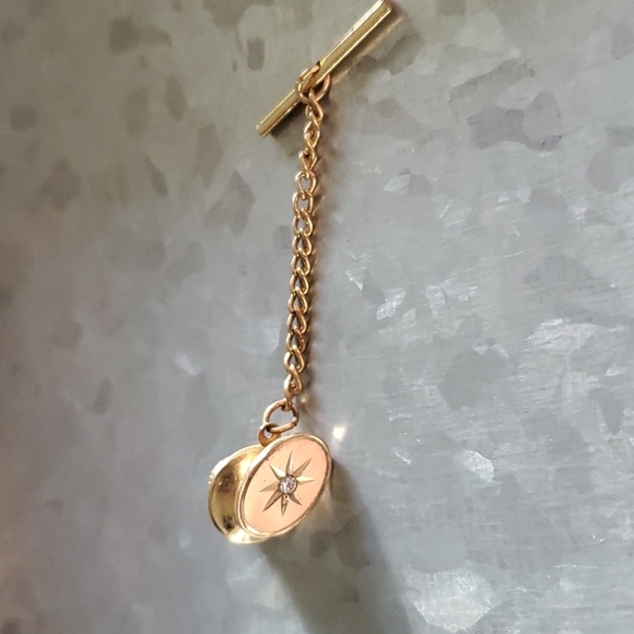 Other - Vintage Gold Starburst with Rhinestone Tie Tack with Chain and Bar